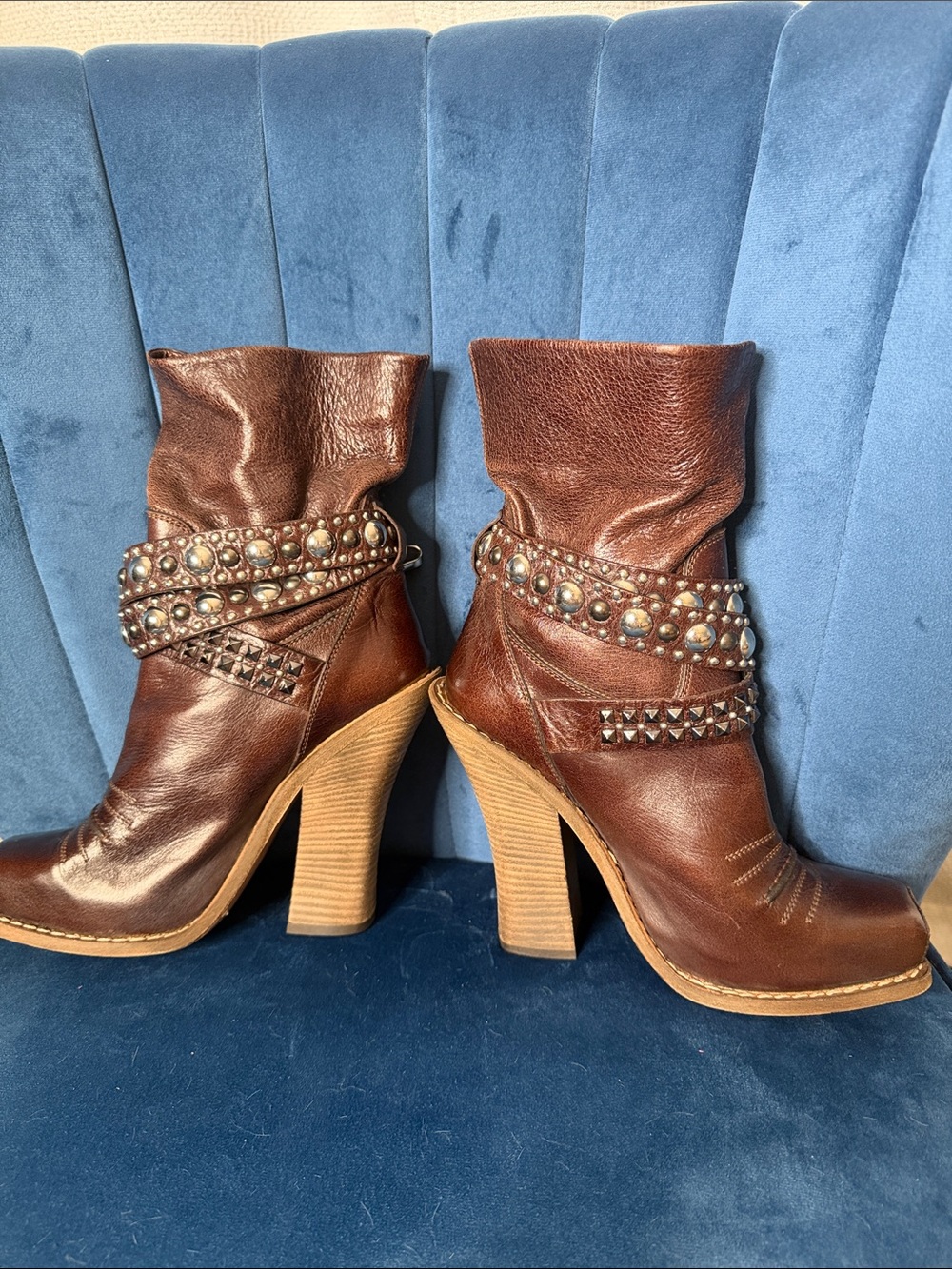 Babara Studded Brown Leather High-Heel Ankle Boots